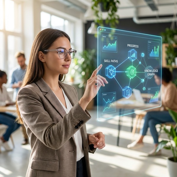 Woman in smart glasses studying digital learning interface